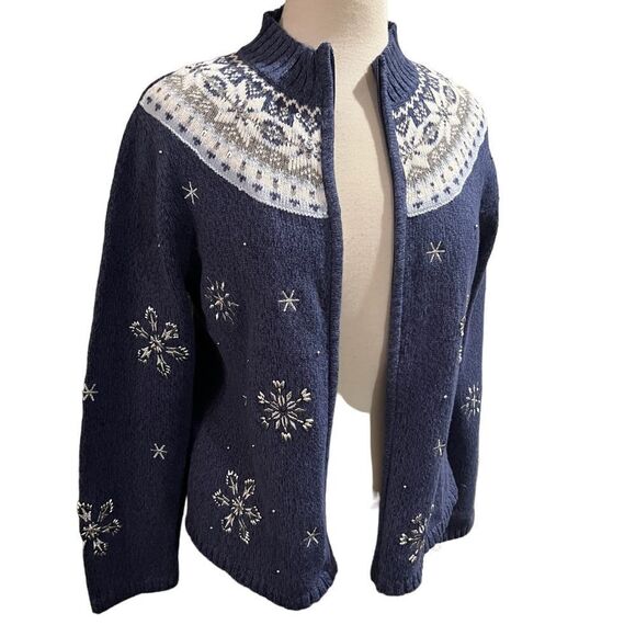 VTG Cardigan Blue&White Snowflakes Beads/Sequins size S - Picture 2 of 11
